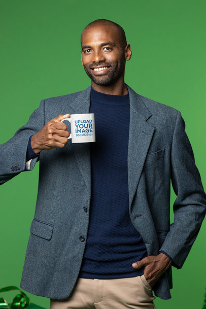Mockup of an Elegant Man Posing with an 11 oz Coffee Mug in His Hand