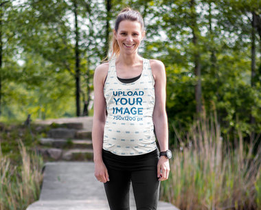 Tank Top Mockup of a Pregnant Woman Walking by a Lake