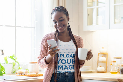 Tank Top Mockup of a Woman with Braids Drinking Coffee and Checking Her Mobile Phone m9873 r-el2