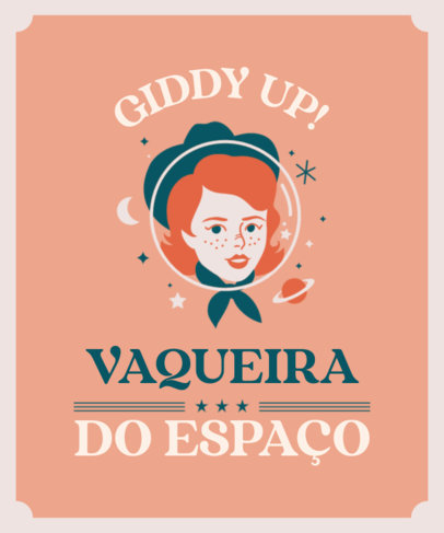 T-Shirt Design Template Featuring a Cowgirl Illustration and a Quote in Portuguese