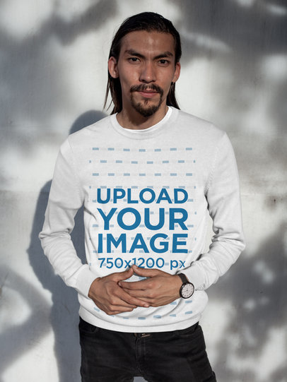 Asian Artist Wearing a Crewneck Sweatshirt Template While Standing Against a White Wall