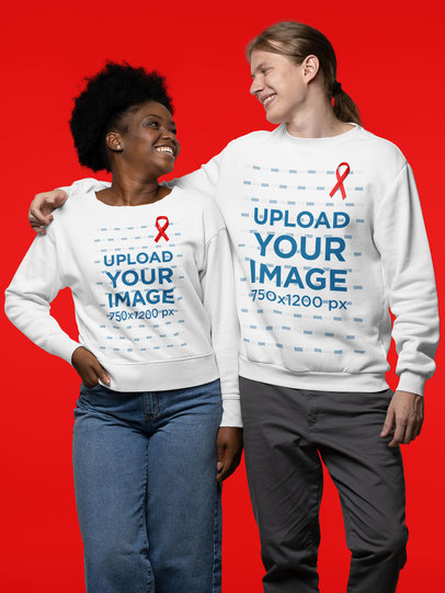 Sweatshirt Mockup of Two Friends Wearing a Red Ribbon for World AIDS Day