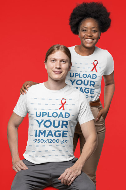 T-Shirt Mockup of a Man and a Woman Happily Wearing Red Ribbons for World AIDS Day