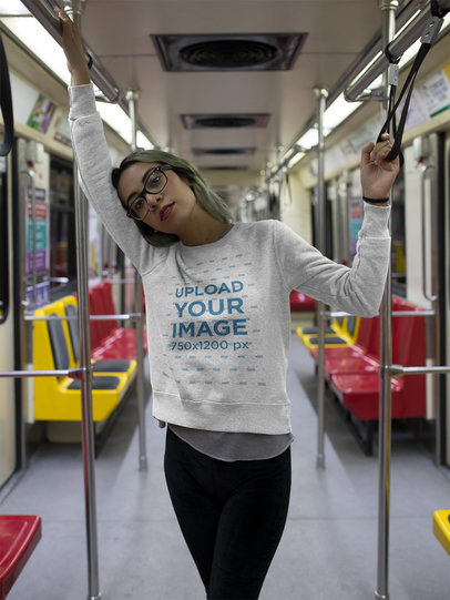 Girl Wearing a Crew Neck Sweatshirt Template While in the Metro a17653