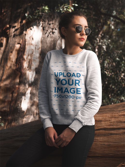 Pretty Woman in the Forest Wearing a Crew Neck Sweatshirt Template