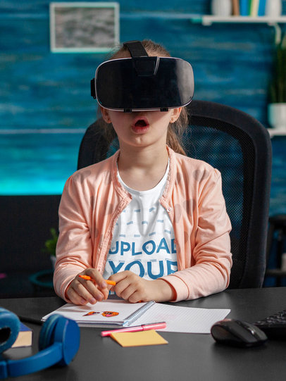 T-Shirt Mockup of a Little Girl Wearing a Virtual Reality Device in Her Bedroom m17108-r-el2