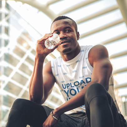 Sleeveless T-Shirt Mockup of a Man Holding a Water Bottle
