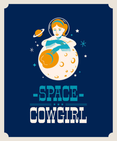 Illustrated T-Shirt Design Template Featuring a Space Cowgirl
