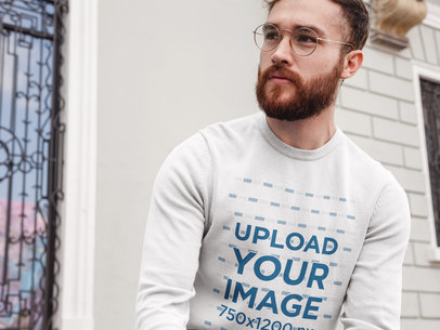 Hipster Man Wearing a Crewneck Sweatshirt Template While Waiting for a Friend