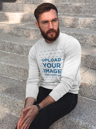 Man Sitting on Stairways While Wearing a Crewneck Sweatshirt Template