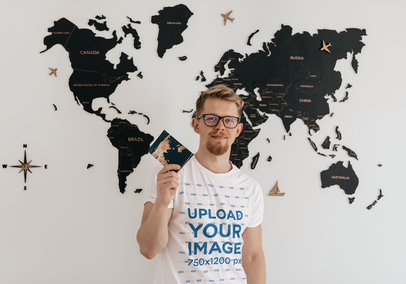 T-Shirt Mockup of a Man Posing in Front of a Map of the World m9080-r-el2