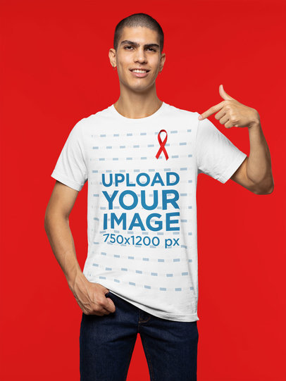 T-Shirt Mockup of a Man Pointing at His World AIDS Day-Supportive Red Ribbon