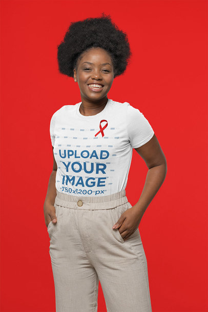 T-Shirt Mockup of a Woman Wearing a Red Ribbon for World AIDS Day with a Big Smile