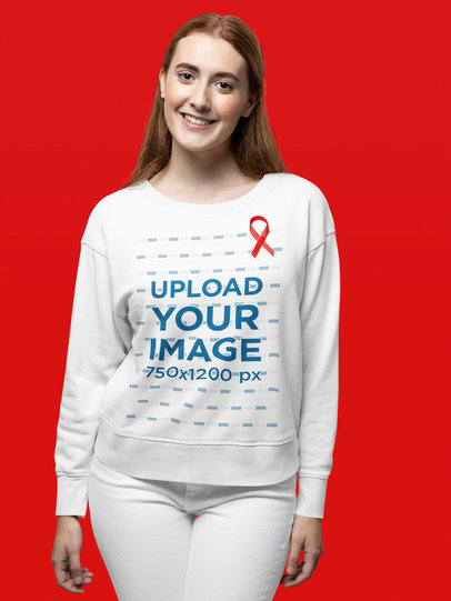 Mockup of a Happy Woman Wearing a Sweatshirt and a Red Ribbon for During World AIDS Day