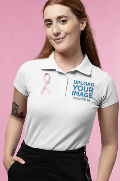 Closeup Mockup of a Woman in a Polo Shirt Wearing a Red Ribbon for World AIDS Day