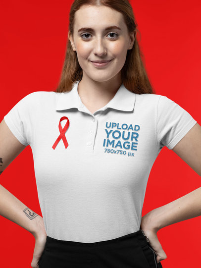 Polo Shirt Mockup Featuring a Happy Woman Wearing an AIDS Awareness Ribbon