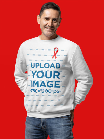 Sweatshirt Mockup of a Smiling Man Wearing a Red Ribbon for World AIDS Day