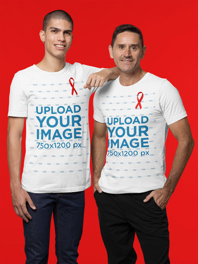 Tee Mockup of Two Friends Wearing Red Ribbons in Support of Cancer Awareness