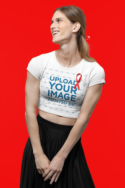 Bella Canvas Crop Top Mockup of a Woman with a Ribbon for Cancer Awareness Month