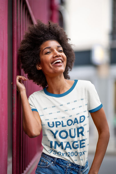 Ringer T-Shirt Mockup of a Cheerful Woman With a Cool Afro Hairstyle