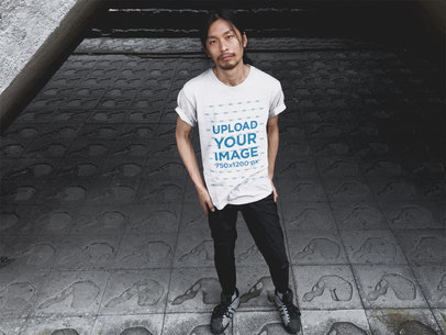 Asian Man Wearing a Tshirt Mockup While Outdoors