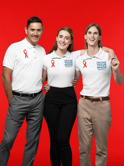 Polo Shirt Mockup of a Group of Friends Wearing Ribbons for Cancer Awareness