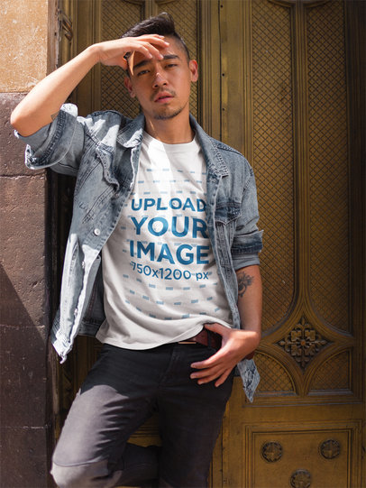Asian Man Covering his Face Wearing a Round Neck Tee Template