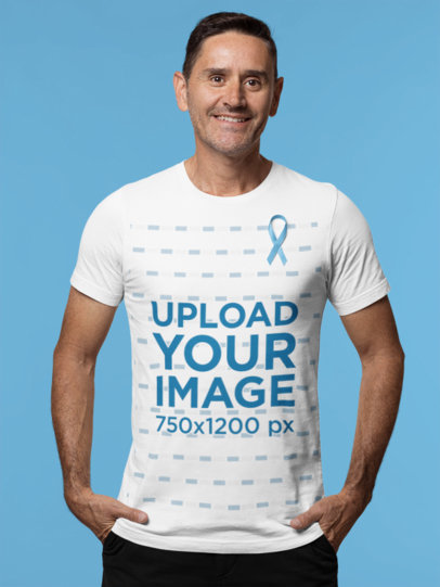 T-Shirt Mockup of a Middle-Aged Man Wearing a Ribbon for Cancer Awareness