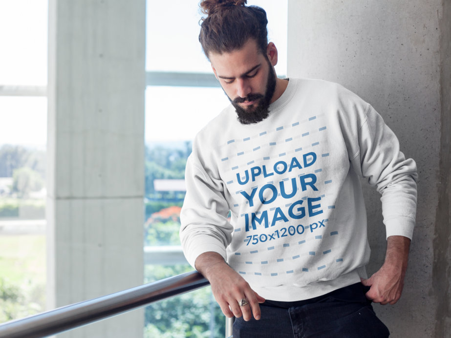 Hipster Man Looking Down While Wearing a Crewneck Sweatshirt Template