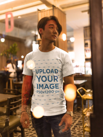 Asian Fashion Man Wearing a T-Shirt Mockup While at a Restaurant