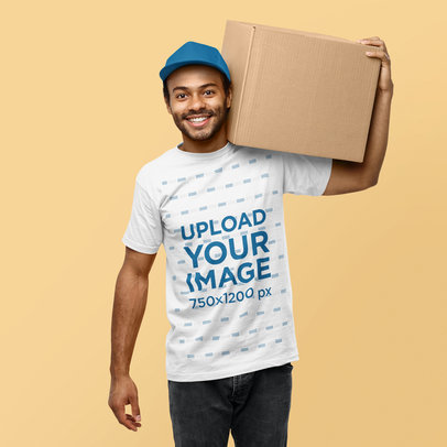 T-Shirt Mockup of a Delivery Man Holding a Box