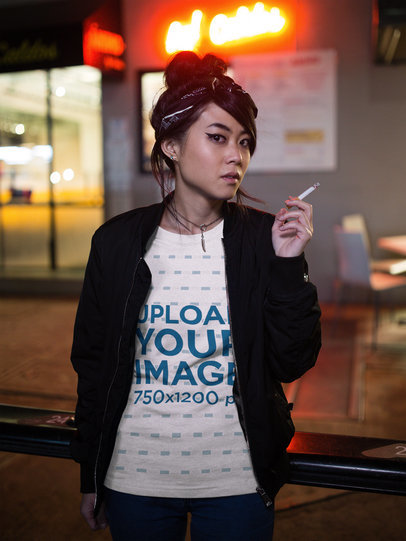 Asian Woman Wearing a T-Shirt Template and a Jacket While Smoking at Night
