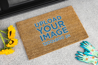 Doormat Mockup Featuring Sunflowers and Gardening Gloves m19110