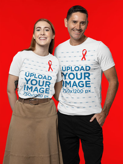 T-Shirt Mockup of Two Friends Wearing Cancer Awareness Ribbons m17460