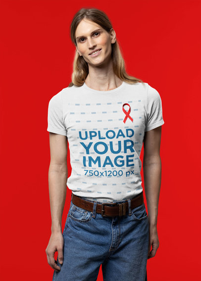 T-Shirt Mockup of a Woman Wearing a Ribbon in Support of Cancer Awareness