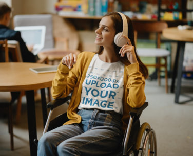 T-Shirt Mockup of a Woman Listening to Music While Using a Wheelchair