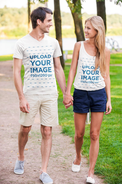 Tank Top and V-Neck Mockup Featuring a Smiling Couple Holding Hands and Walking in the Park m10237 r-el2