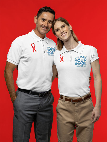 Polo Shirt Mockup of a Happy Couple Showing Support for Cancer Awareness day  m17485