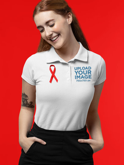 Polo Shirt Mockup Featuring a Young Long-Haired Woman Wearing a Ribbon for Cancer Awareness Month