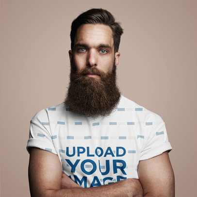 Mockup of the Closeup of a Bearded Man Wearing a Crew-Neck T-Shirt