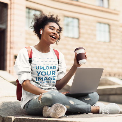 Sweatshirt Mockup of a Cheerful Woman Student Chatting Online