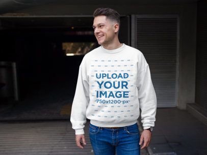 Smiling White Man Wearing a Crew Neck Sweatshirt Template While Walking