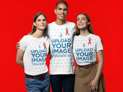 Mockup of Three Friends Wearing Bella Canvas T-Shirts and Cancer Awareness Ribbons