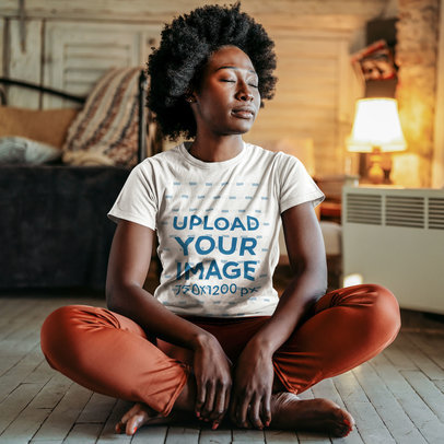 Round-Neck Tee Mockup of a Relaxing Woman Doing Yoga