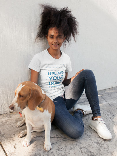 Woman Wearing a T-Shirt Template While Sitting on the Street with her Dog