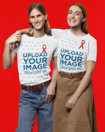 T-Shirt Mockup Featuring Two Smiling Women Wearing Cancer Awareness Ribbons at a Studio