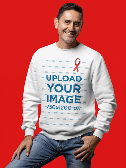 Sweatshirt Mockup Featuring a Happy Man Wearing a Ribbon for World AIDS Day