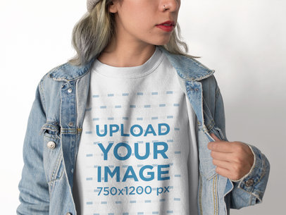 Cropped Face Woman Wearing a Crewneck Sweatshirt Template and a Denim Jacket a17654