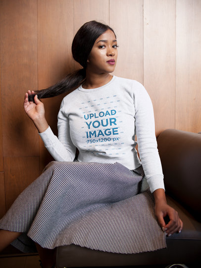 Pretty Woman Playing with her Hair Wearing a Crewneck Sweatshirt Template
