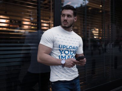 Handsome Man Wearing a Tshirt Mockup While Waiting for his Date